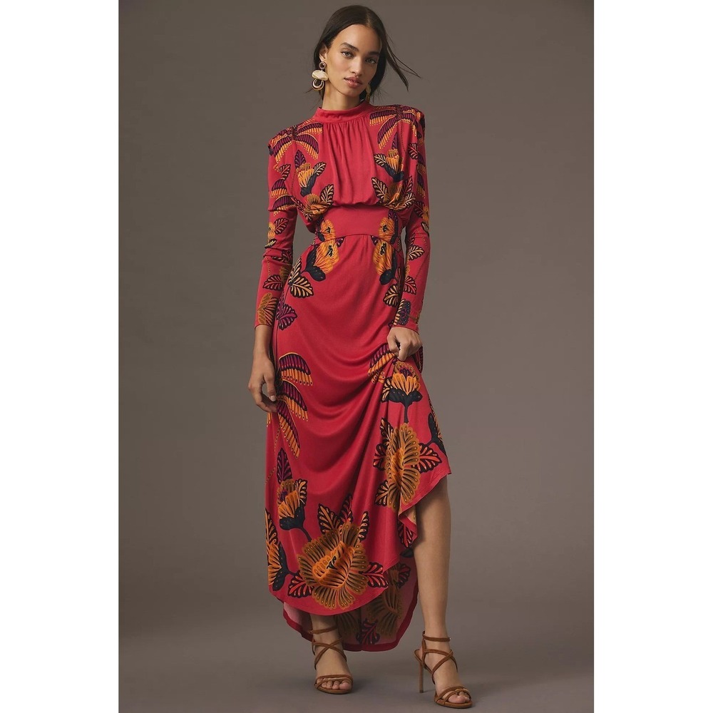 Farm Rio Long-Sleeve Mock-Neck Maxi Dress Red Floral Size Small - Picture 1 of 12